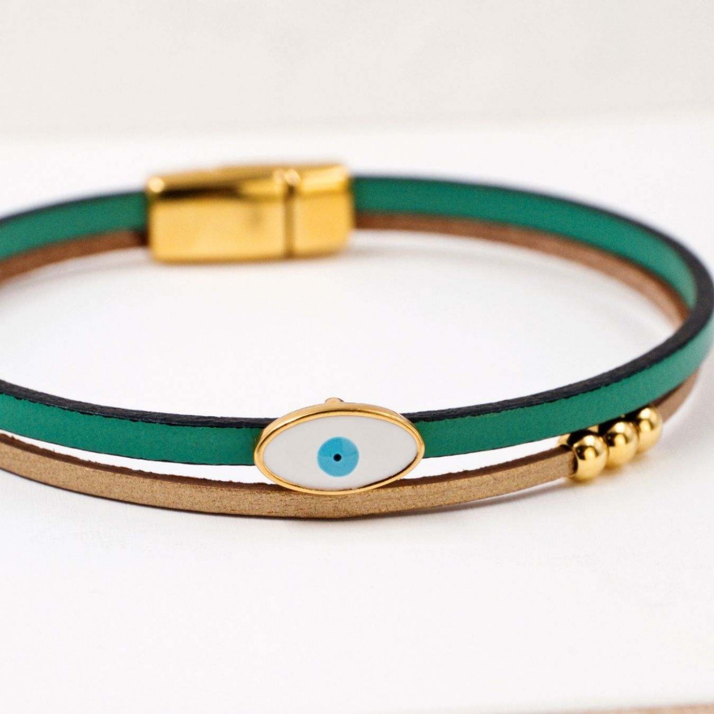 Evil Eye Handcrafted Leather Bracelet with Magnetic Clasp | Green — Bracelets from Toolittle — additional view 3