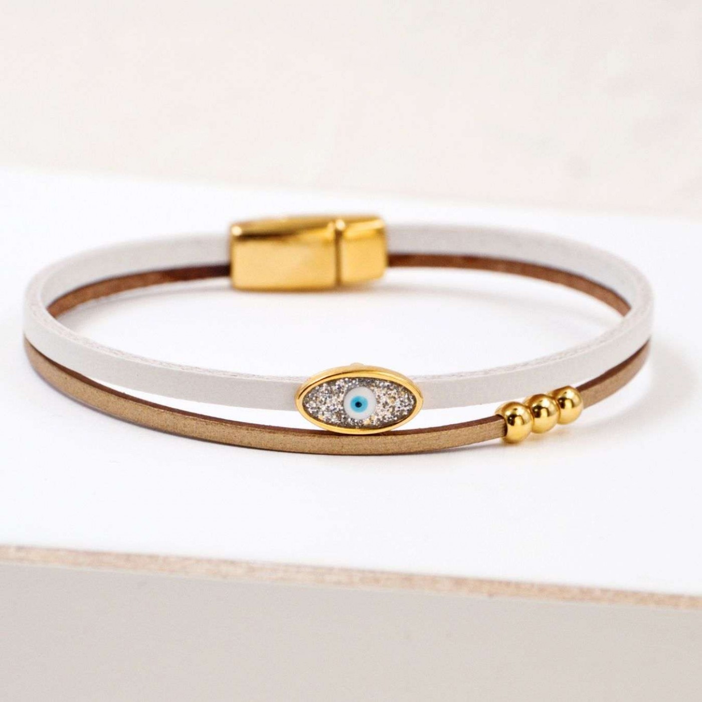 Evil Eye Handcrafted Leather Bracelet with Magnetic Clasp | White — Bracelets from Toolittle — additional view 3