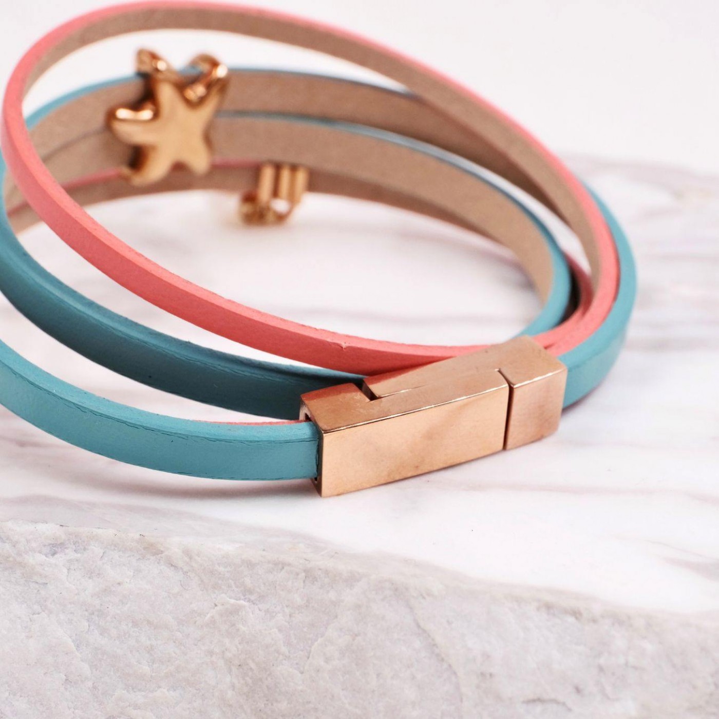 Leather Bracelet with Starfish & Pearl | Coral - Turquoise — Bracelets from Toolittle — additional view 2