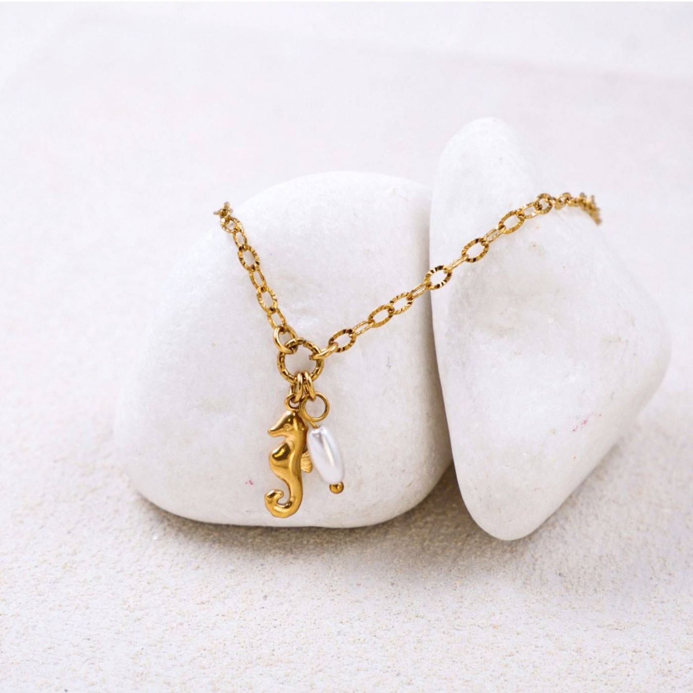 Stainless Steel Jewelry: Gold-plated Bracelet - Seahorse & Fresh Water Pearl — Bracelets from Toolittle — additional view 4