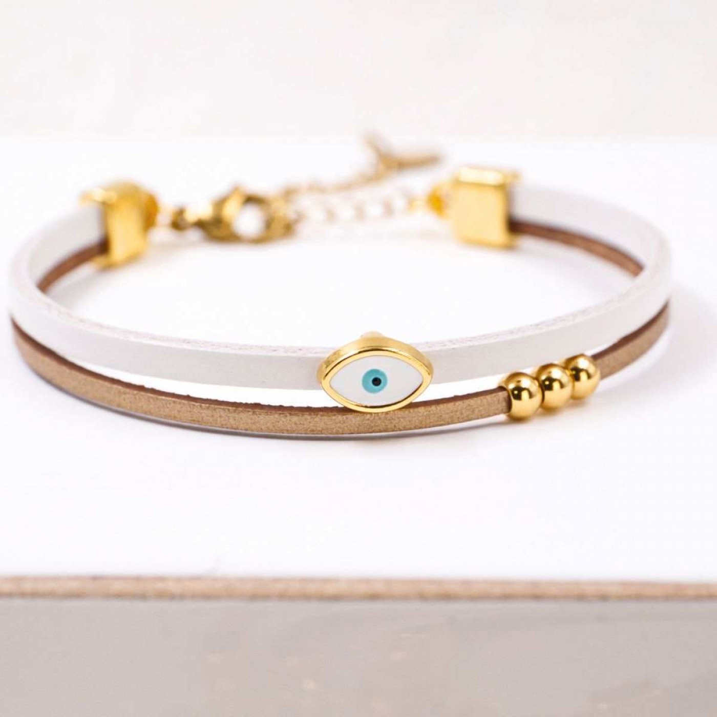 Handcrafted Leather Bracelet with Gold-Plated Enamel Evil Eye
