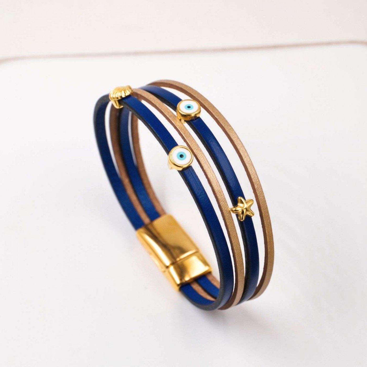 Leather Bracelet with Sea Parts & Evil Eye | Blue — Bracelets from Toolittle — additional view 3