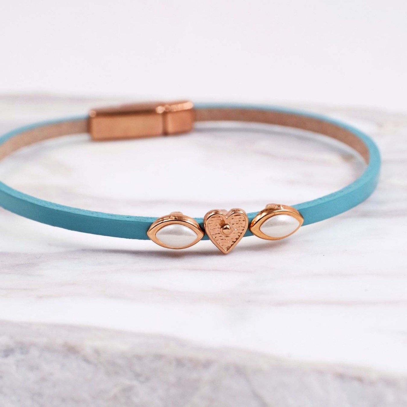 Metal Heart & Pearls Leather Bracelet | Turquoise — Bracelets from Toolittle — additional view 3