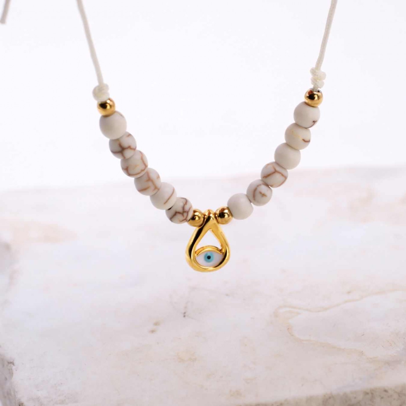 Macramé Bracelet with Gold-Plated Evil Eye & Stones | Ecru — Bracelets from Toolittle — additional view 3