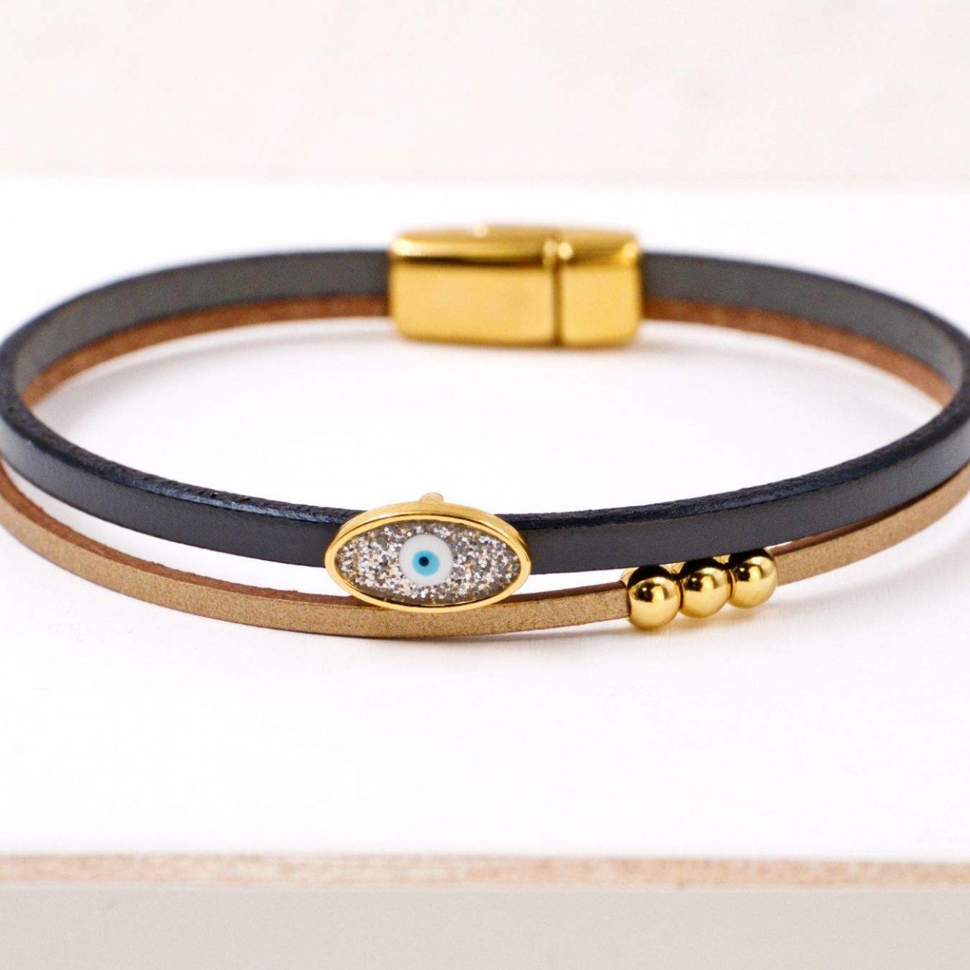 Evil Eye Handcrafted Leather Bracelet with Magnetic Clasp | Black — Bracelets from Toolittle — additional view 3