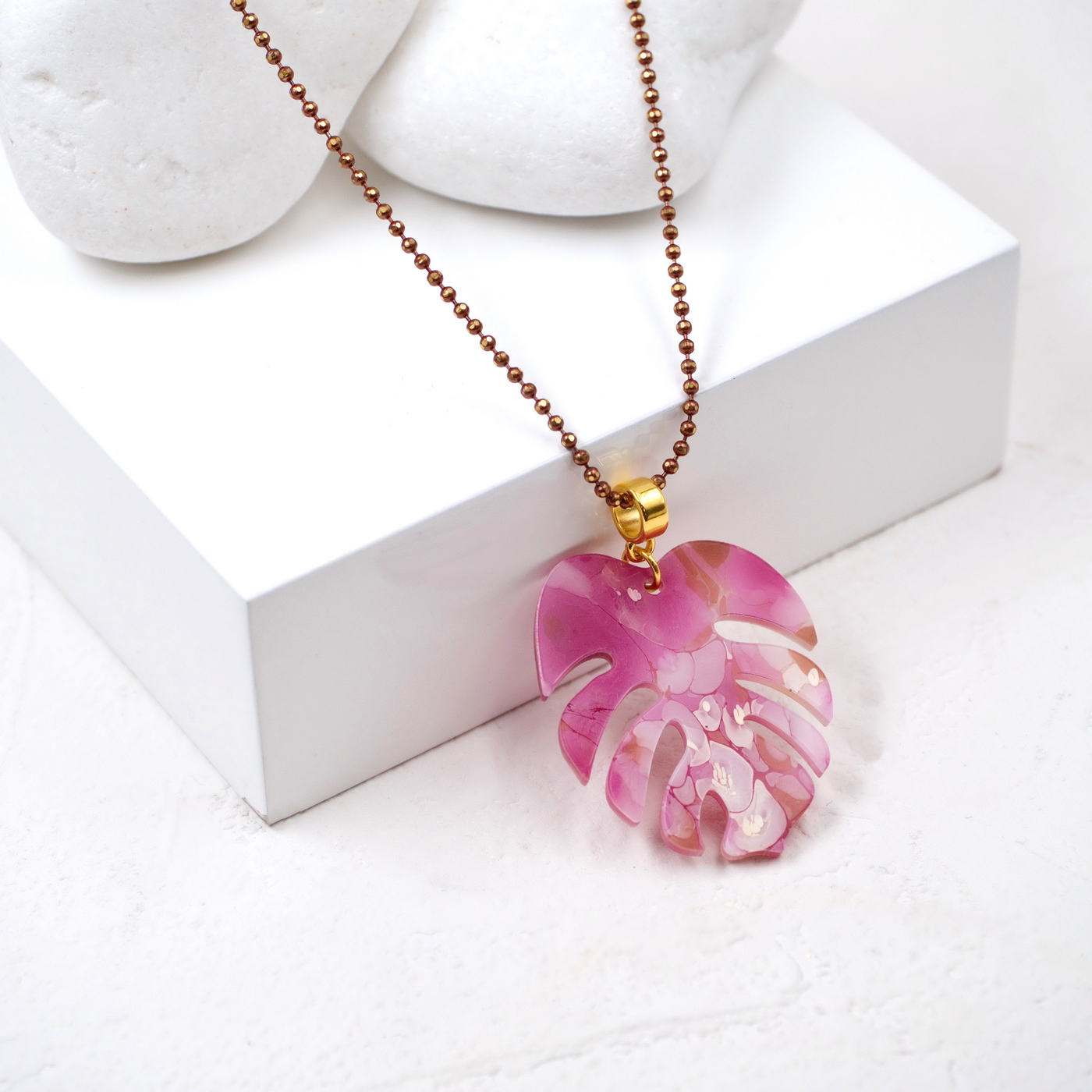 Toolittle Long Necklace - Resin Leaf Fuchsia — Necklaces from Toolittle — additional view 2