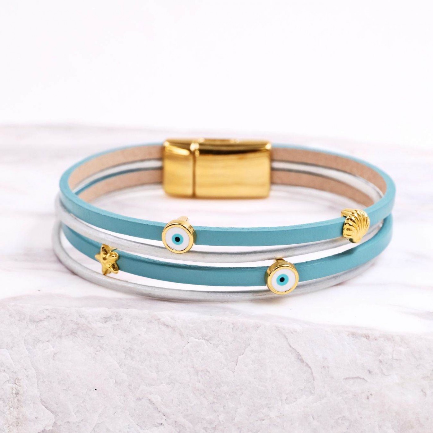 Leather Bracelet with Sea Parts & Evil Eye | Turquoise