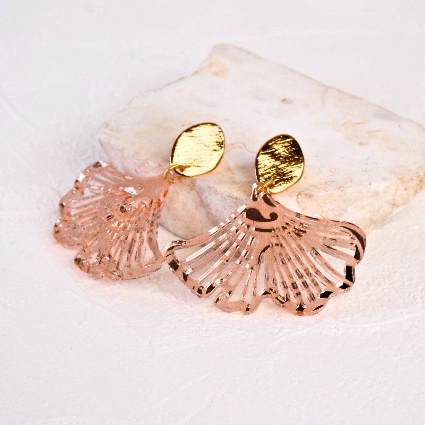 Golden Earrings | Plexiglass Ginkgo Biloba Leaf — Earrings from Toolittle — additional view 3