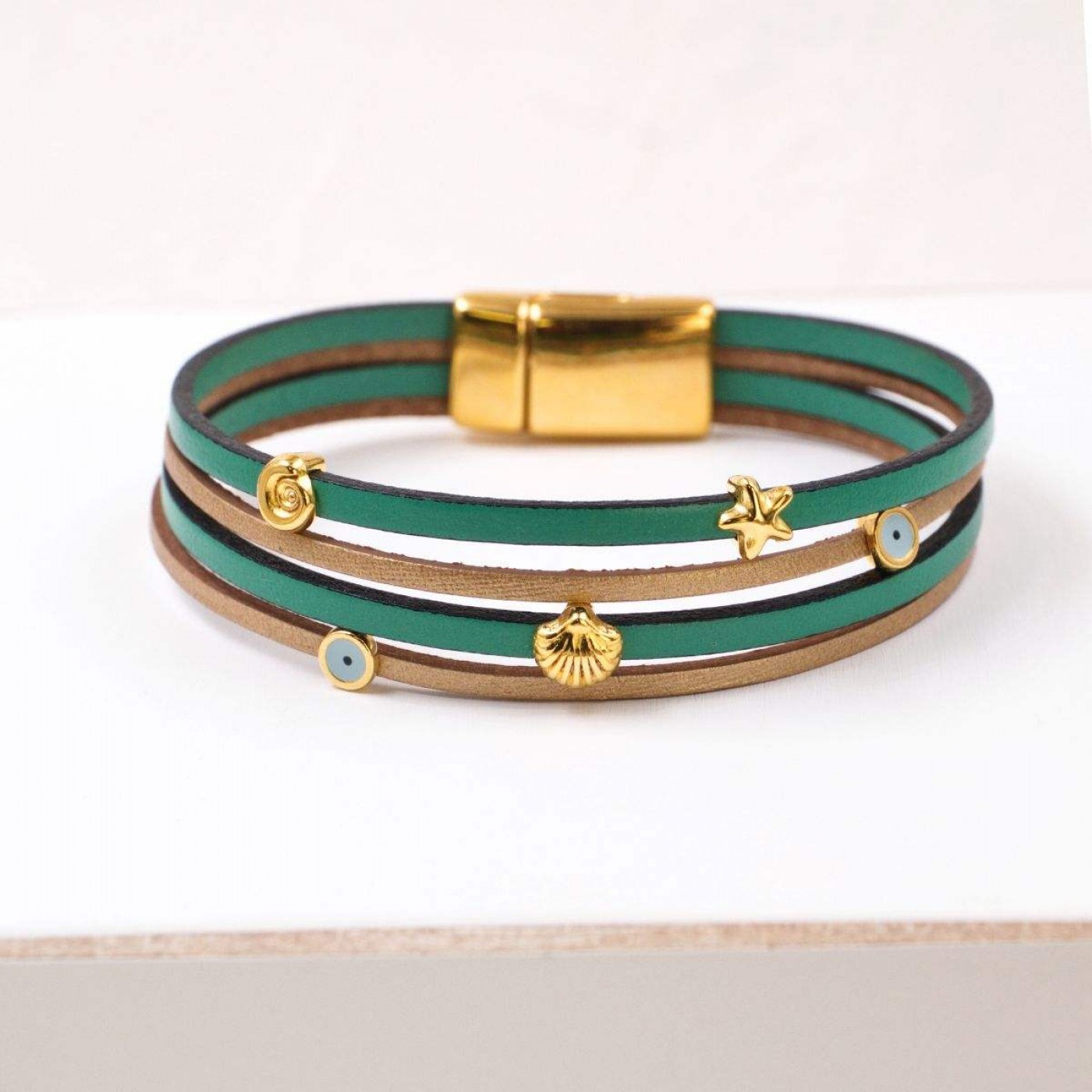 Leather Bracelet with Sea Parts & Evil Eye | Green — Bracelets from Toolittle — additional view 3