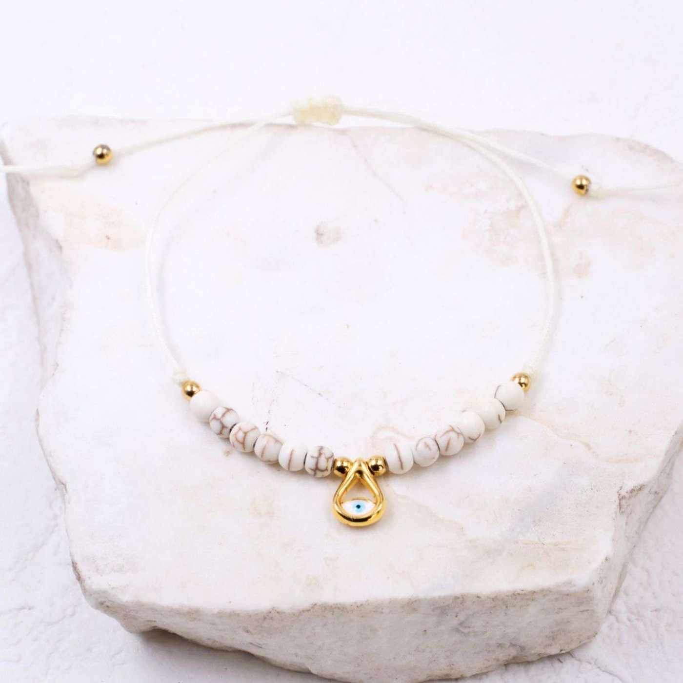 Macramé Bracelet with Gold-Plated Evil Eye & Stones | Ecru