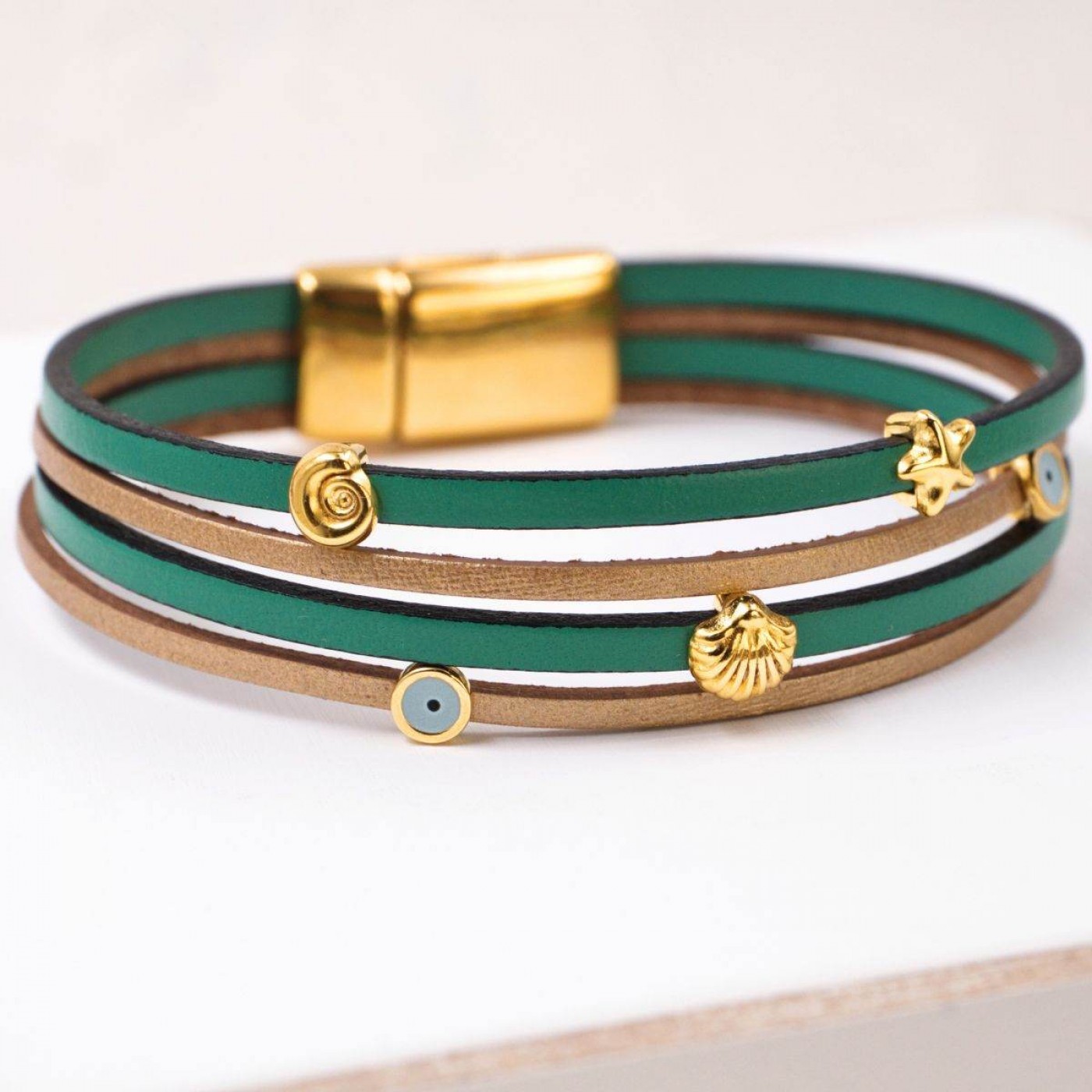 Leather Bracelet with Sea Parts & Evil Eye | Green — Bracelets from Toolittle — additional view 2