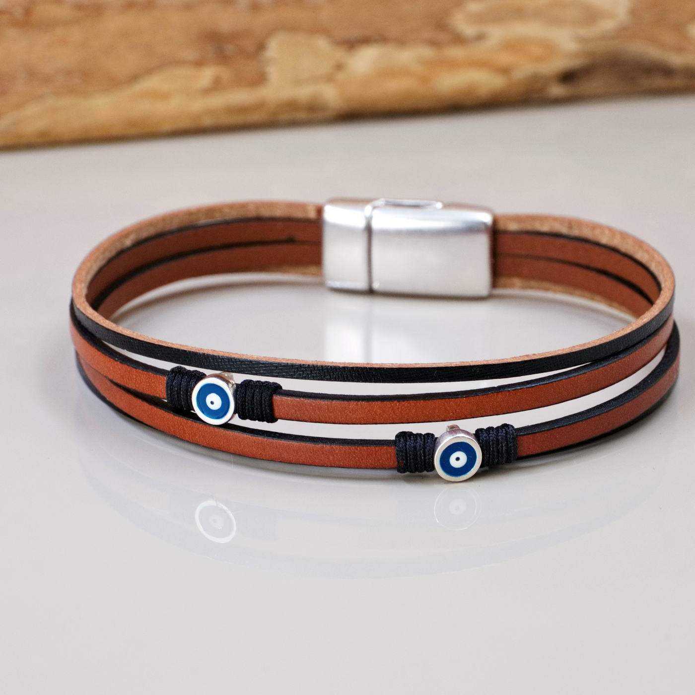 Leather Men's Bracelet with Evil Eyes — Bracelets from Toolittle — additional view 2