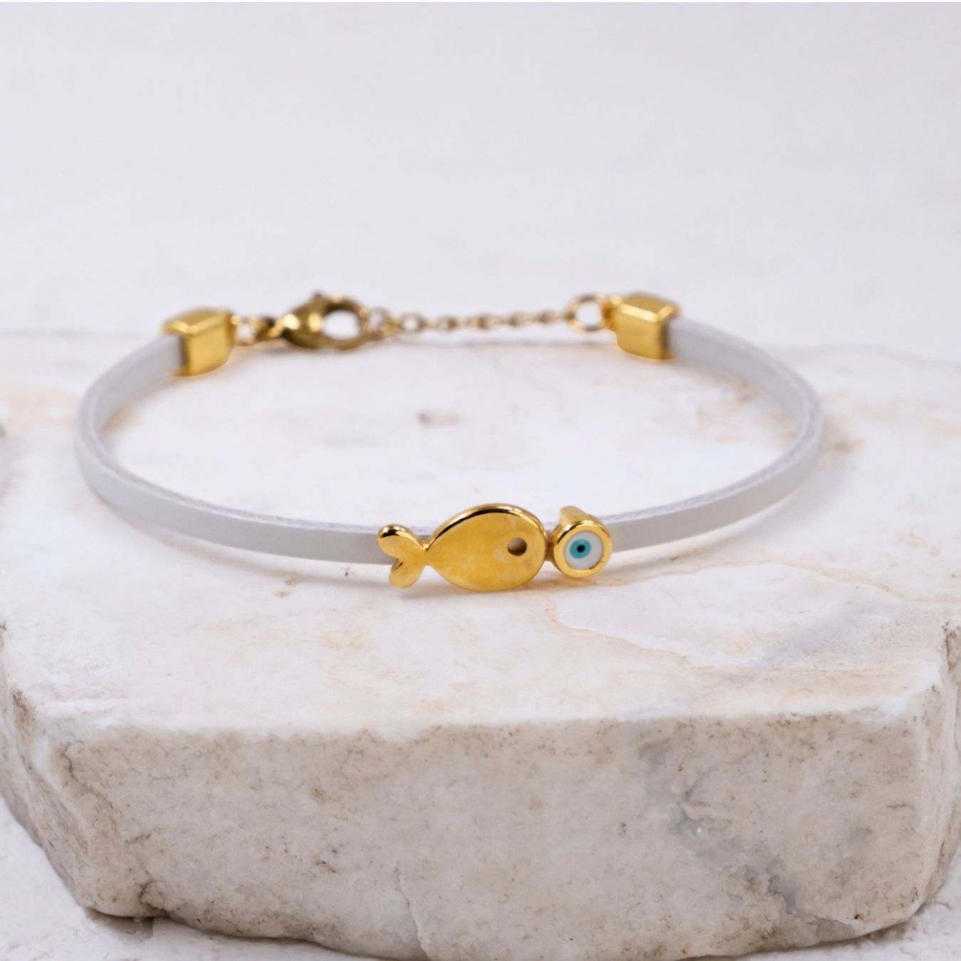 Handcrafted Leather Bracelet | Gold-plated Fish & Evil Eye — Bracelets from Toolittle — additional view 5