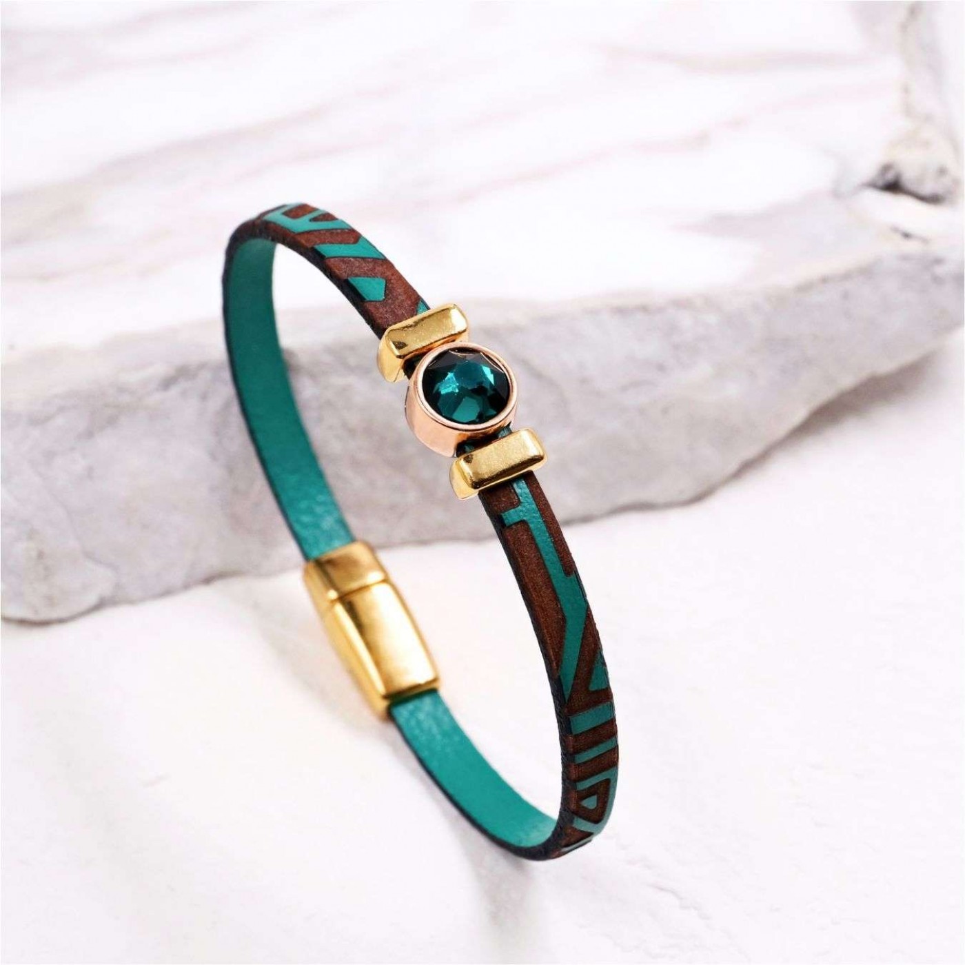Swarovski Crystal Bracelet | Engraved Leather - Green — Bracelets from Toolittle — additional view 5