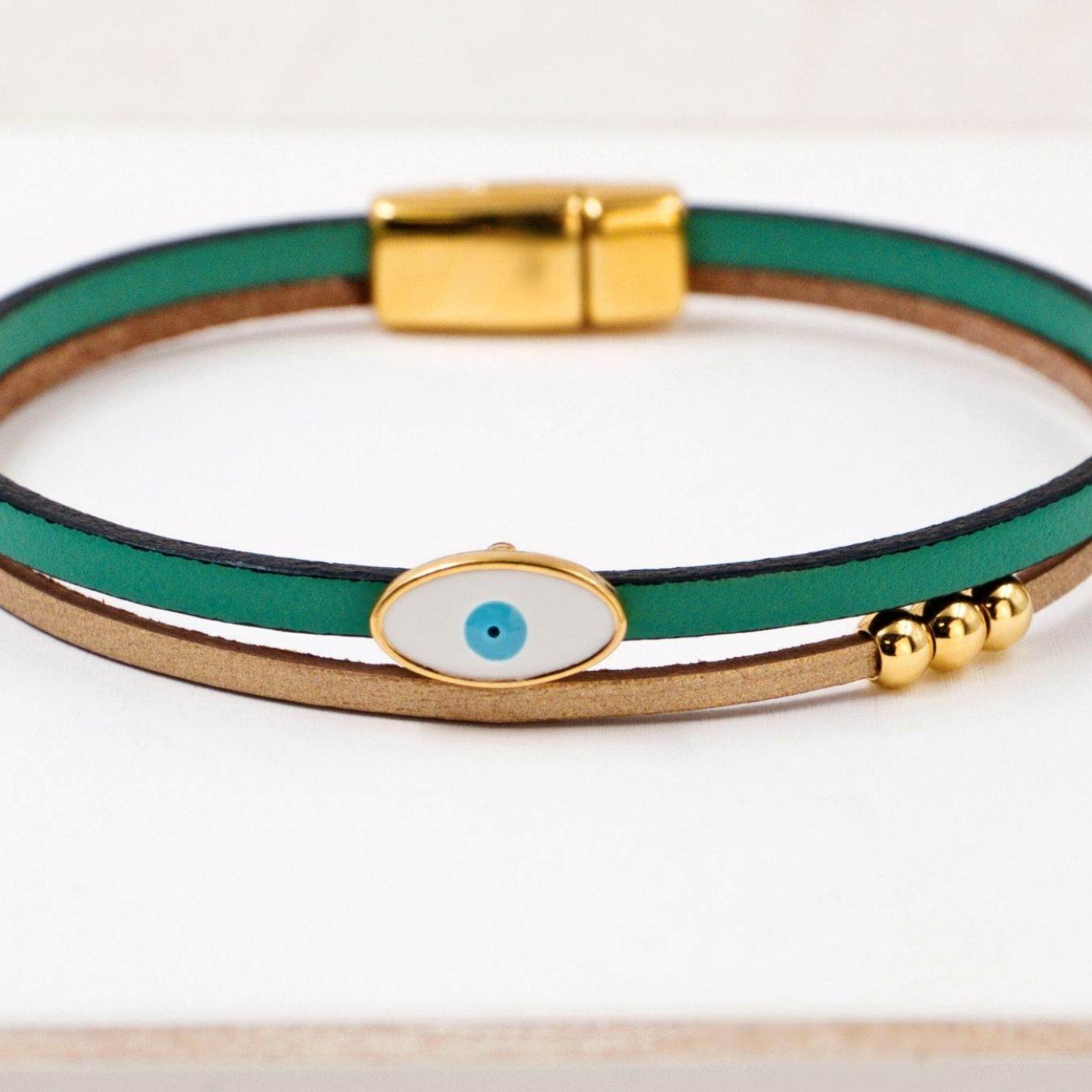 Evil Eye Handcrafted Leather Bracelet with Magnetic Clasp | Green — Bracelets from Toolittle — additional view 4