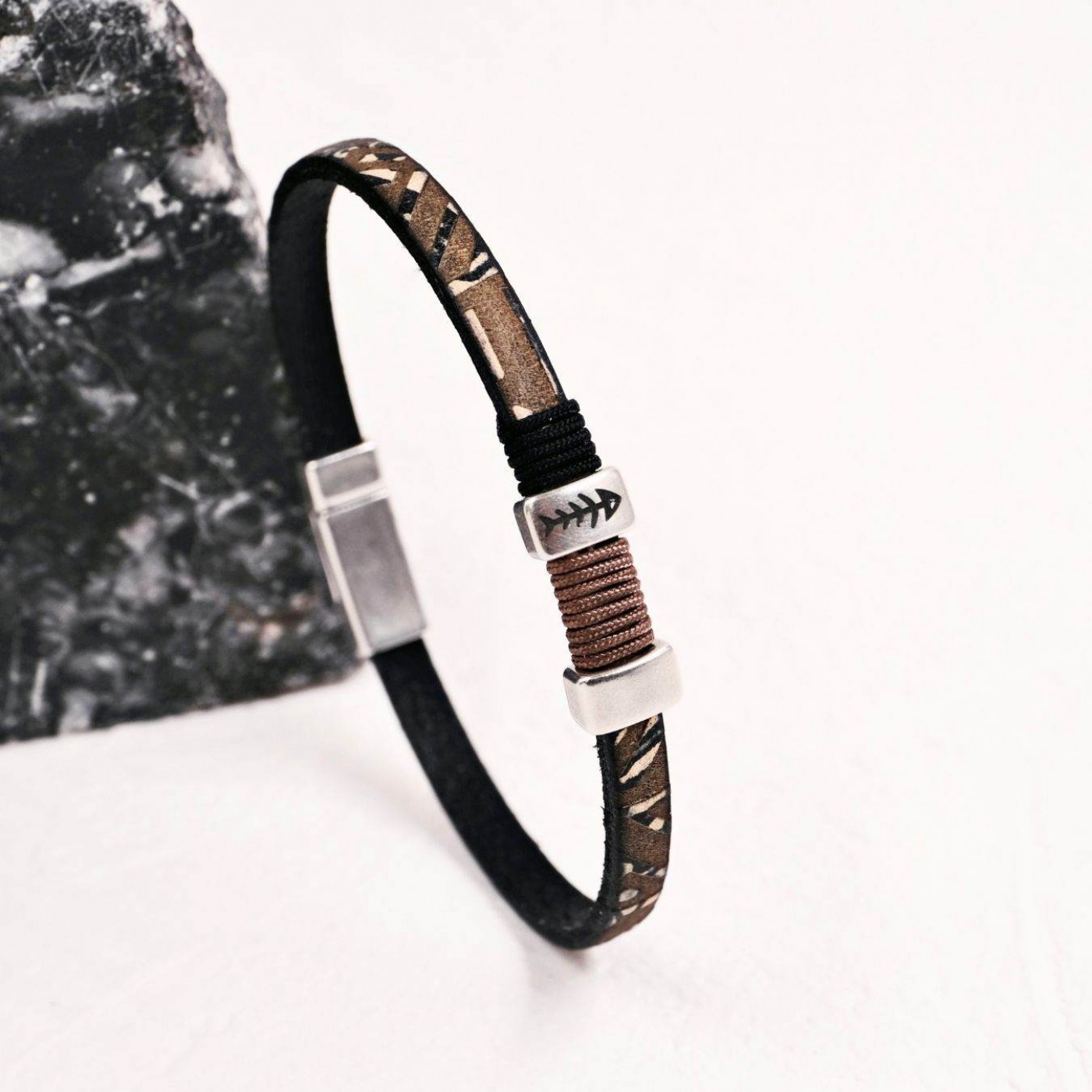 Fishbone Men's Bracelet | Engraved Leather — Bracelets from Toolittle — additional view 3