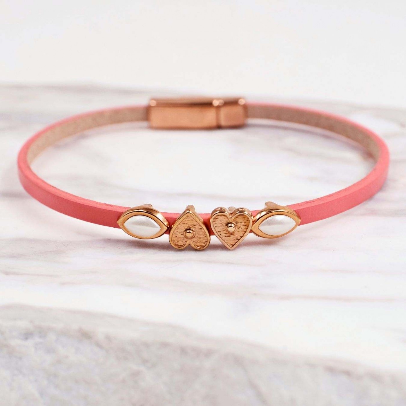 Metal Heart & Pearls Leather Bracelet | Coral — Bracelets from Toolittle — additional view 4