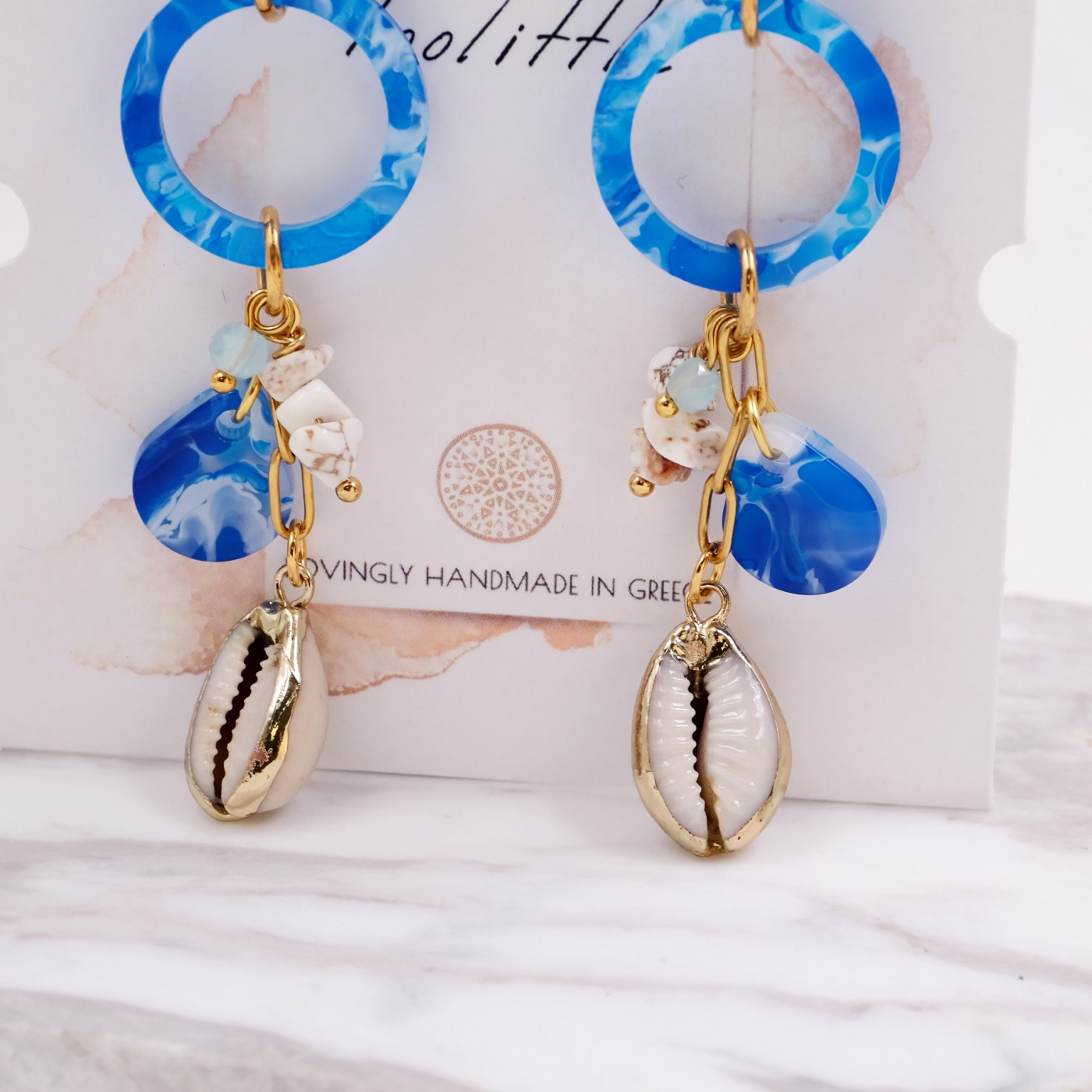 Stainless Steel Golden Earrings | Plexiglass & Cowrie Shells — Earrings from Toolittle — additional view 3