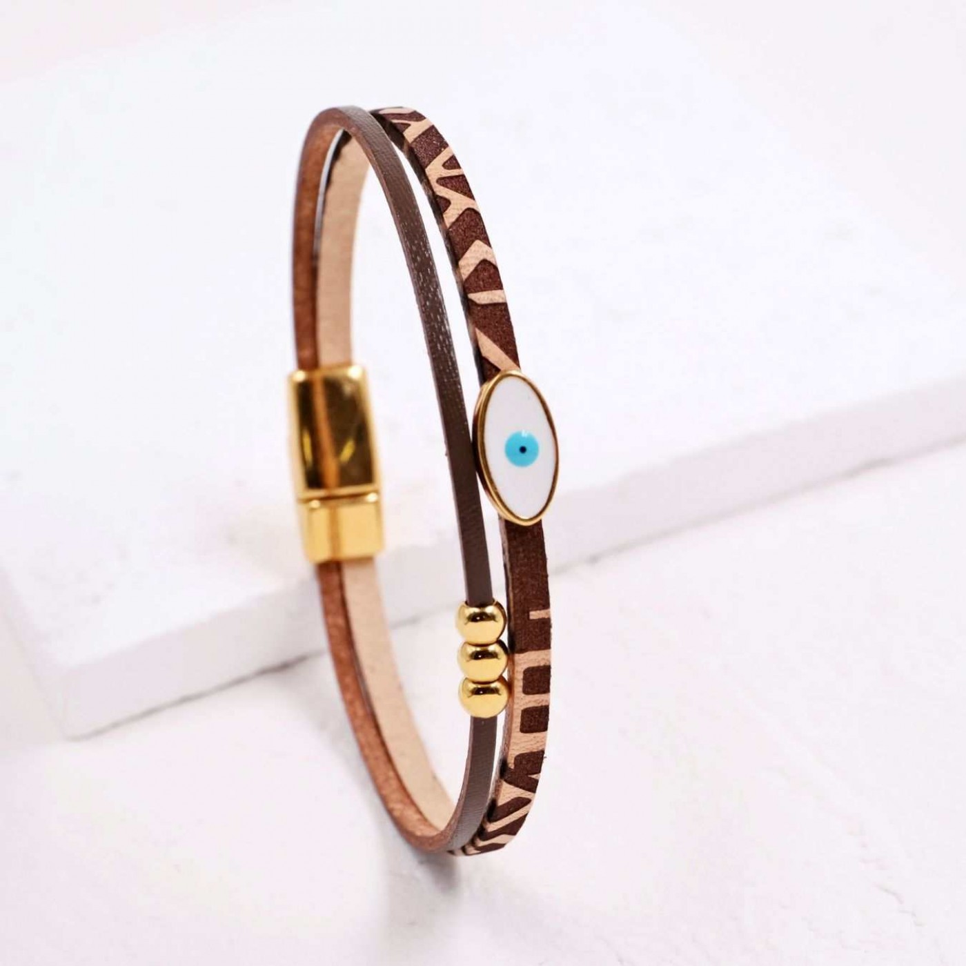 Enamel Evil Eye Bracelet | Leather - Brown — Bracelets from Toolittle — additional view 3