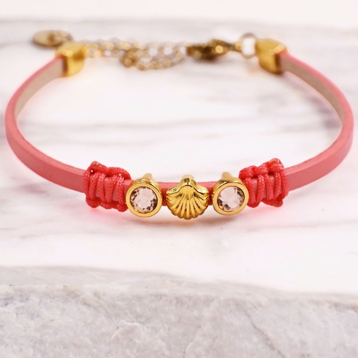Leather Bracelet | Crystals & Metal Sea Shell- Coral — Bracelets from Toolittle — additional view 3