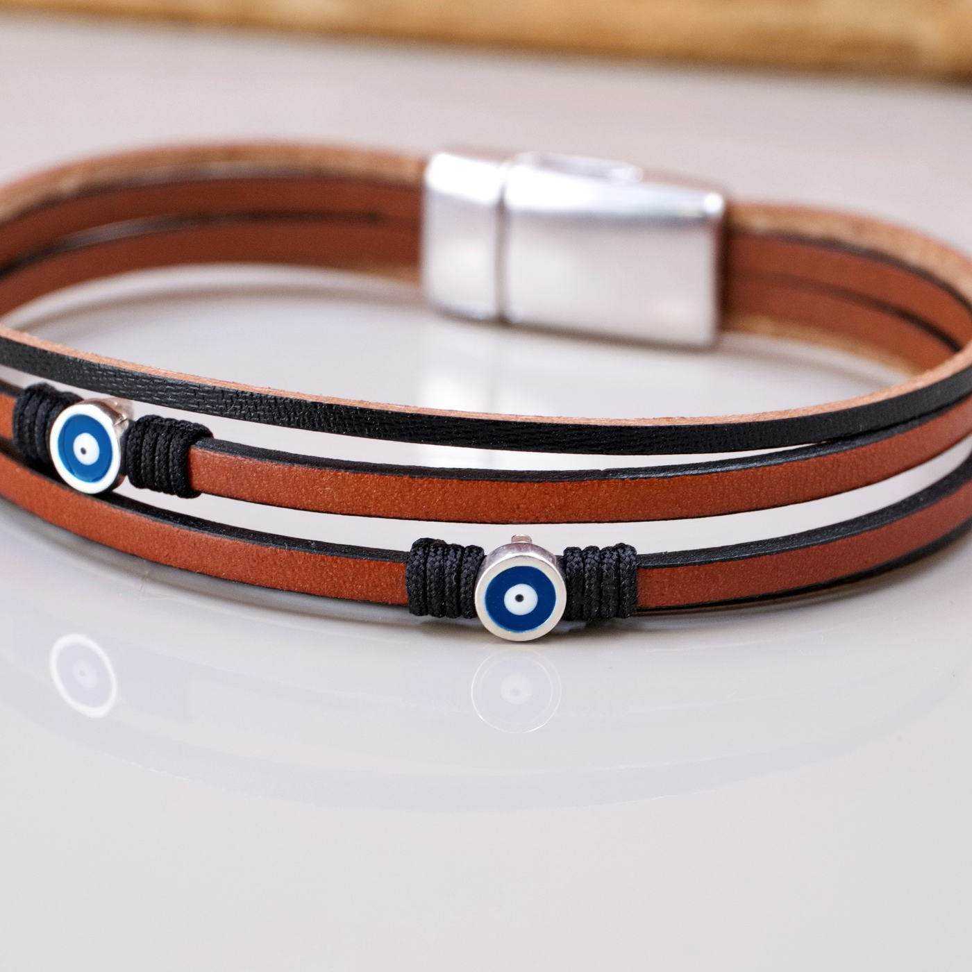 Leather Men's Bracelet with Evil Eyes — Bracelets from Toolittle — additional view 4