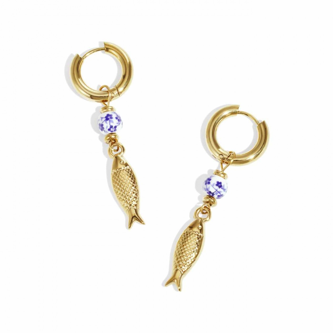 Gold-Plated Hoop Earrings with Fish Charm & Ceramic Stone — Earrings from Toolittle — additional view 2