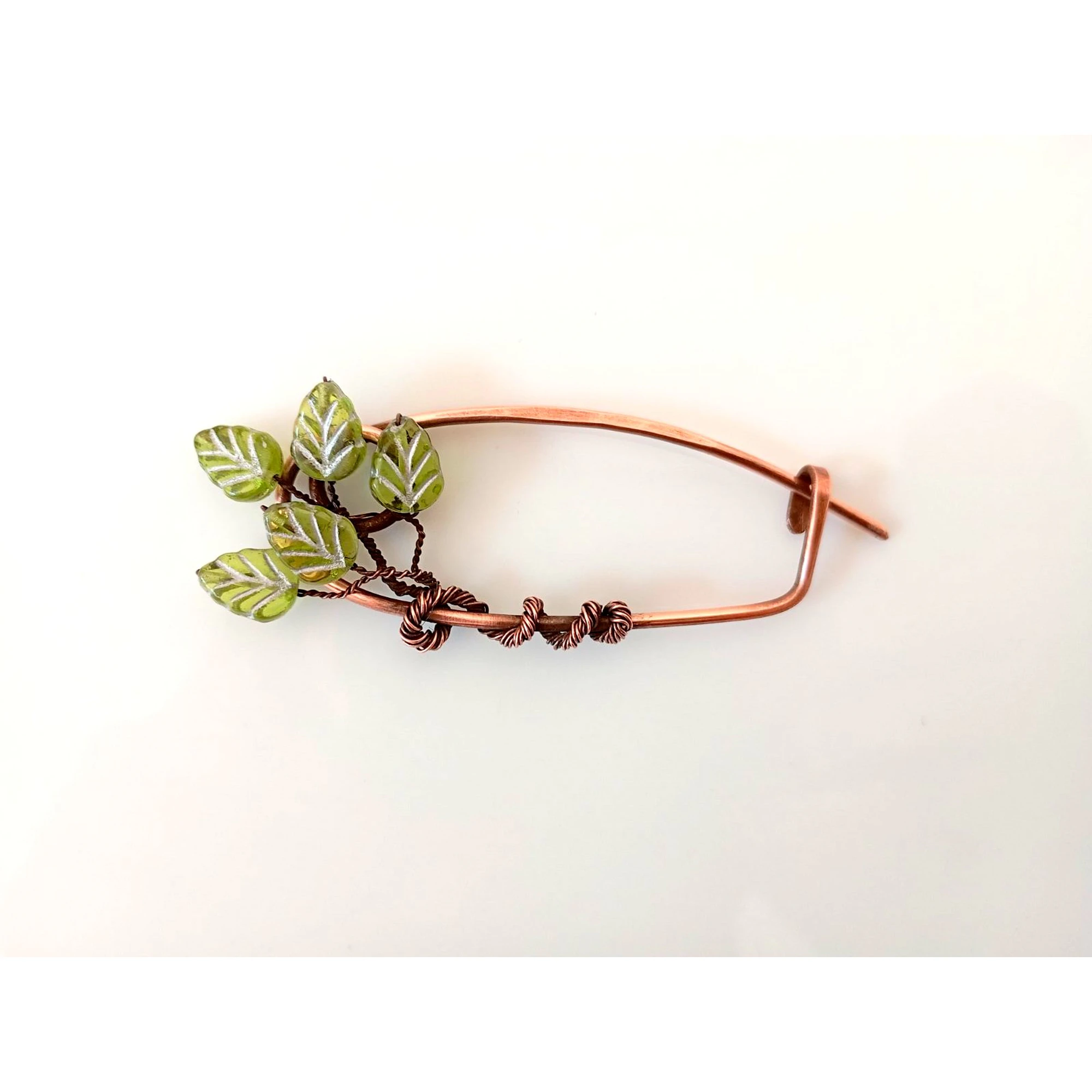 Copper Cardigan Clip with Green Glass Leaves, Handmade Jumper Pin, Botanical Brooch, Shawl Fastener, Scarf Pin, Gift for Her