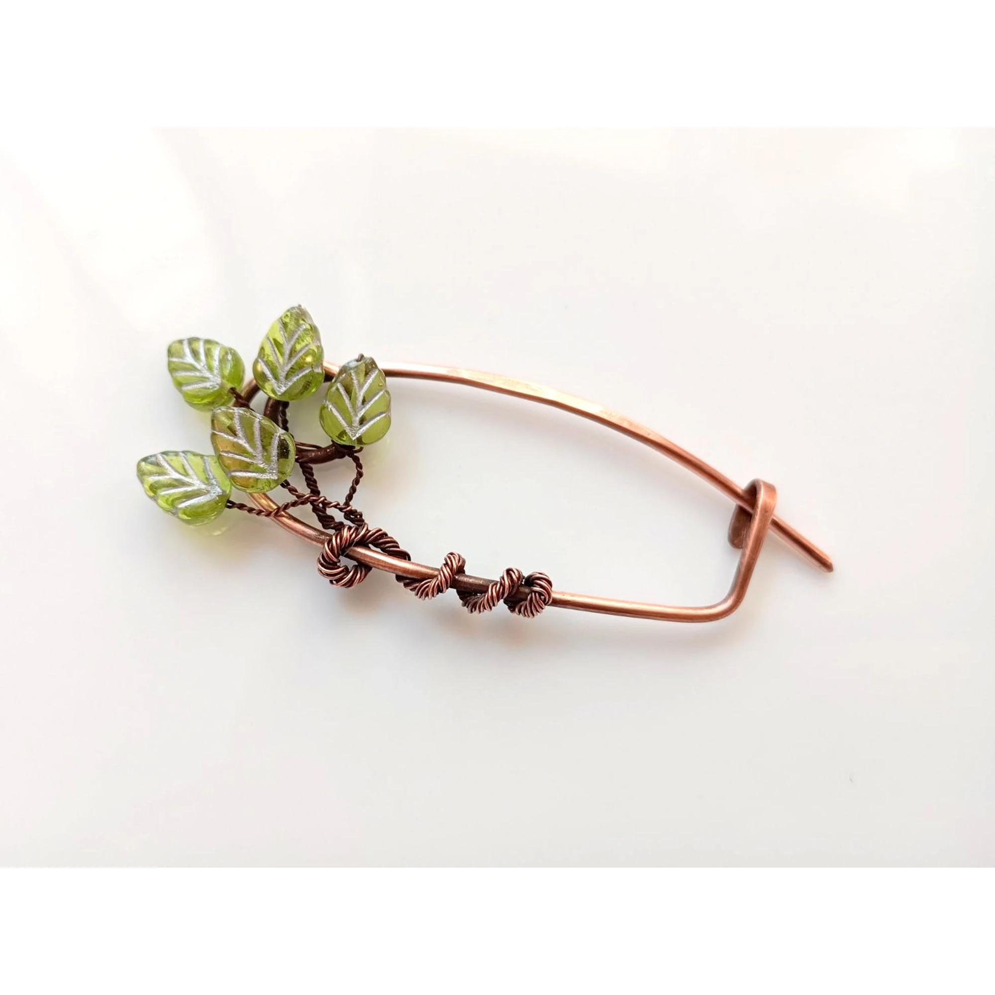 Copper Cardigan Clip with Green Glass Leaves, Handmade Jumper Pin, Botanical Brooch, Shawl Fastener, Scarf Pin, Gift for Her