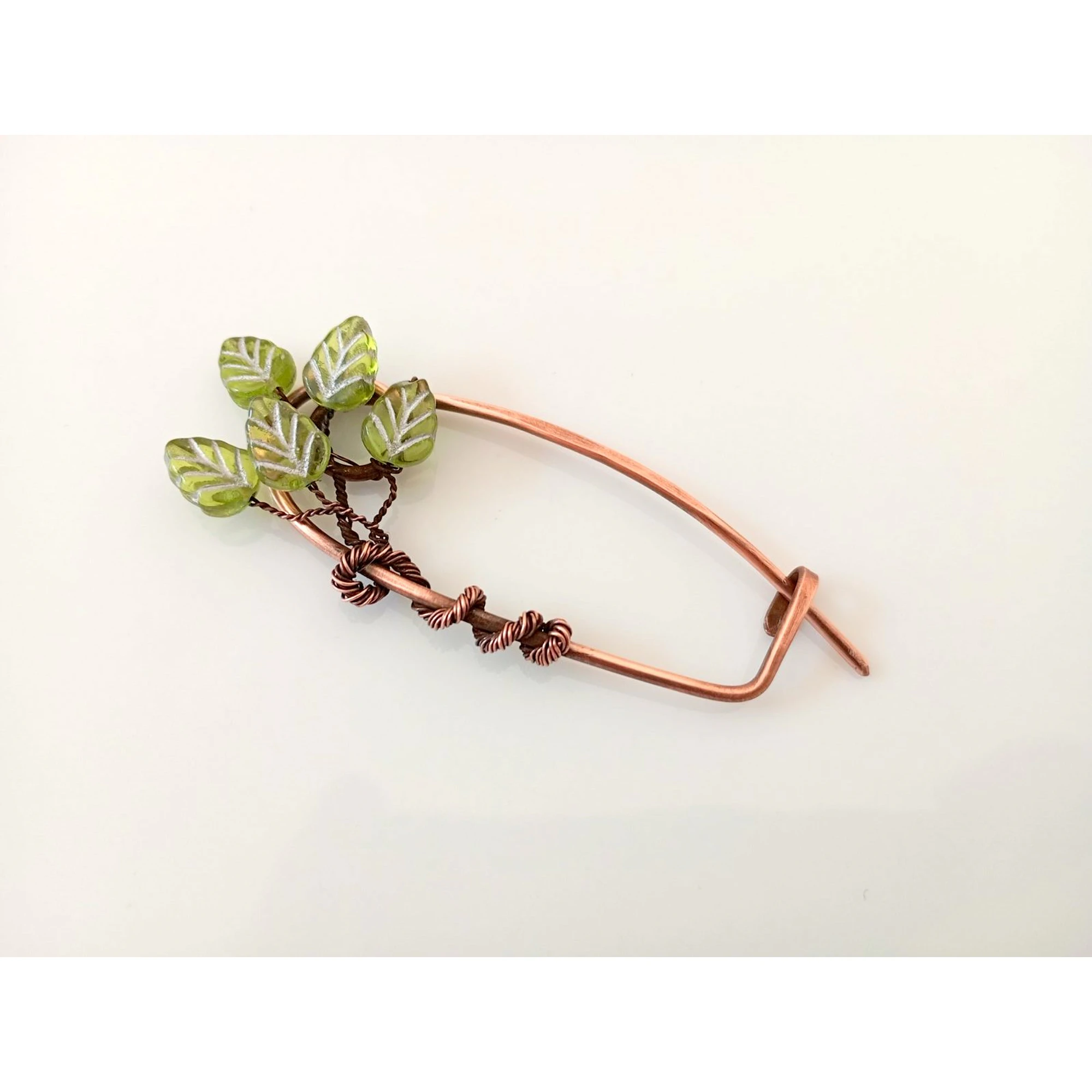Copper Cardigan Clip with Green Glass Leaves, Handmade Jumper Pin, Botanical Brooch, Shawl Fastener, Scarf Pin, Gift for Her