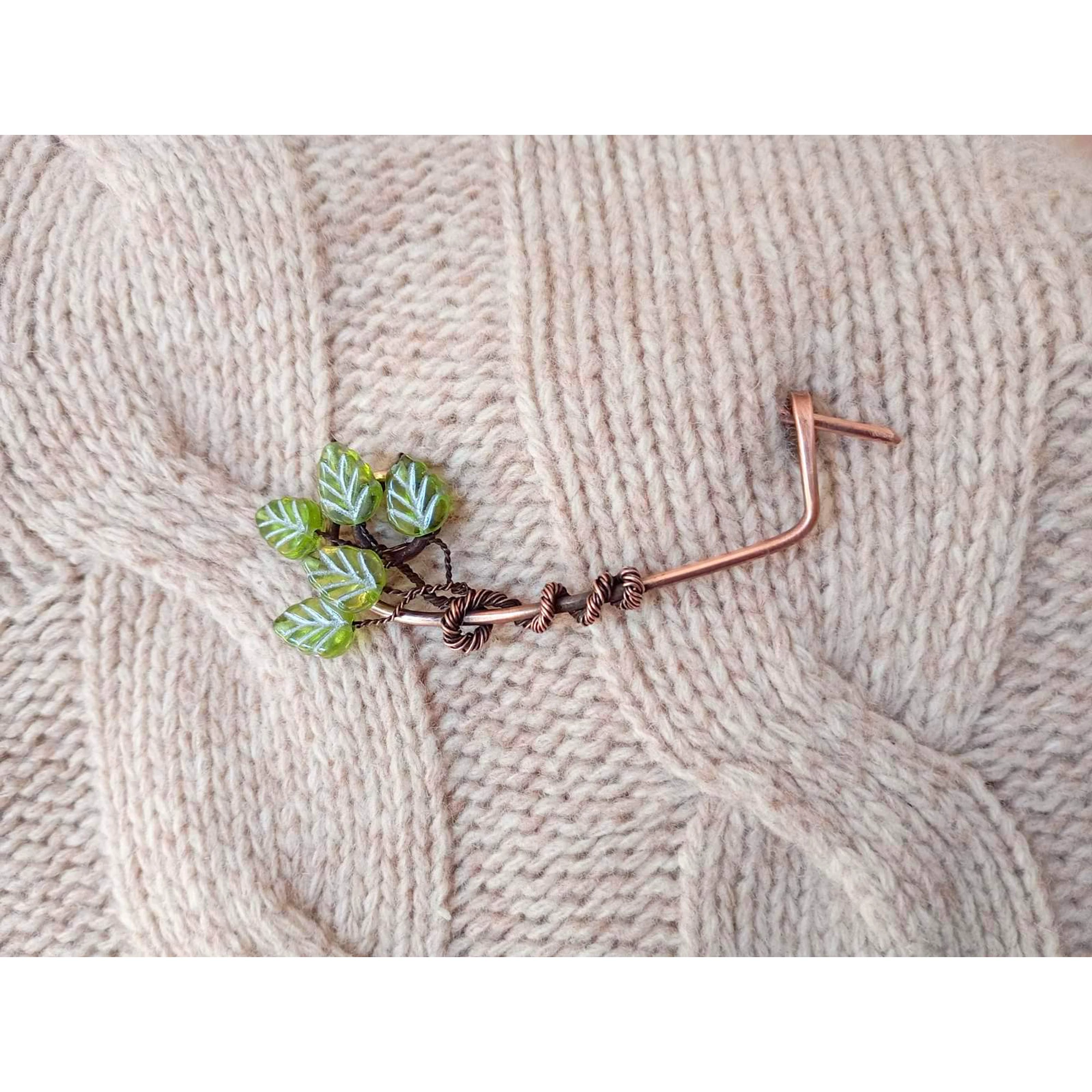 Copper Cardigan Clip with Green Glass Leaves, Handmade Jumper Pin, Botanical Brooch, Shawl Fastener, Scarf Pin, Gift for Her