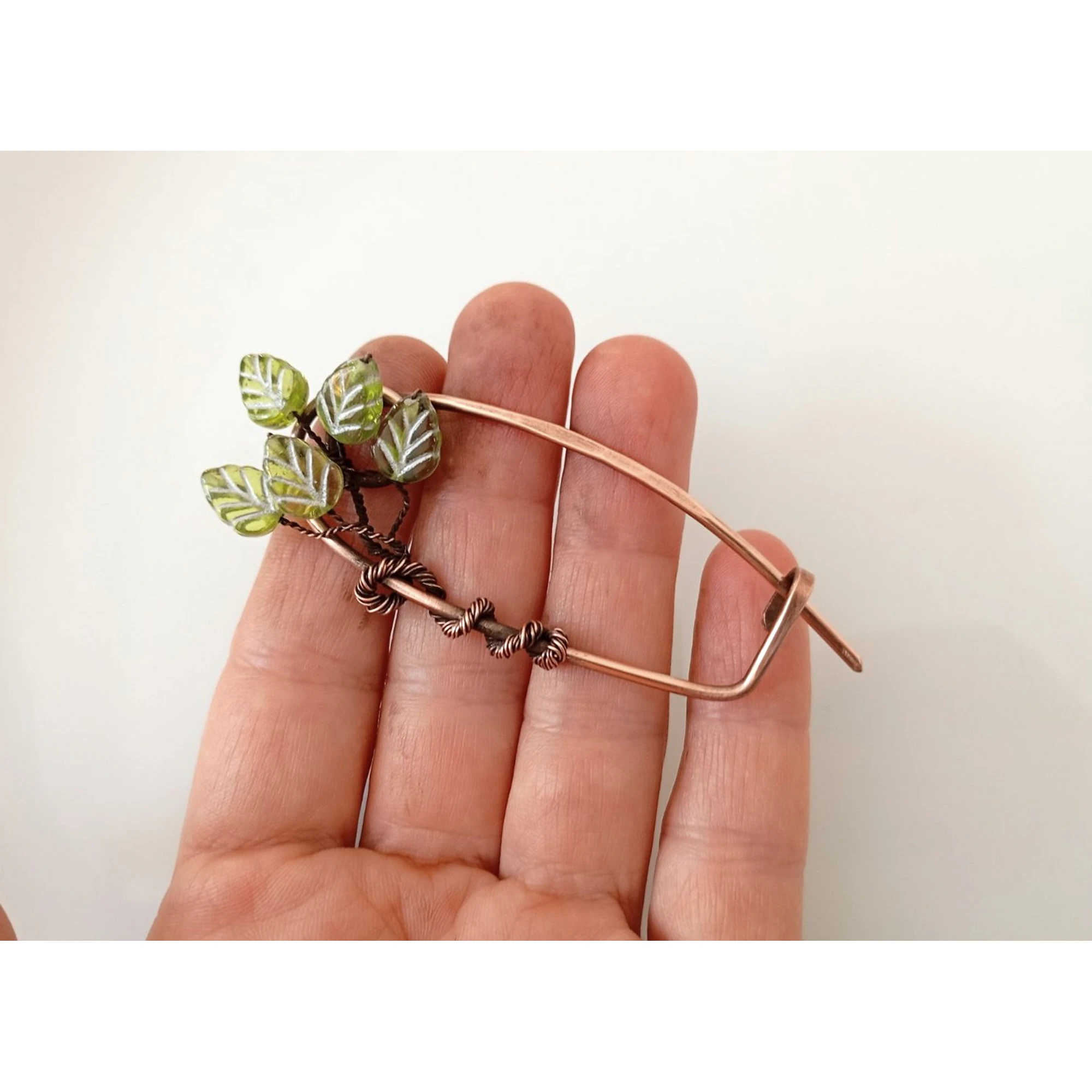 Copper Cardigan Clip with Green Glass Leaves, Handmade Jumper Pin, Botanical Brooch, Shawl Fastener, Scarf Pin, Gift for Her