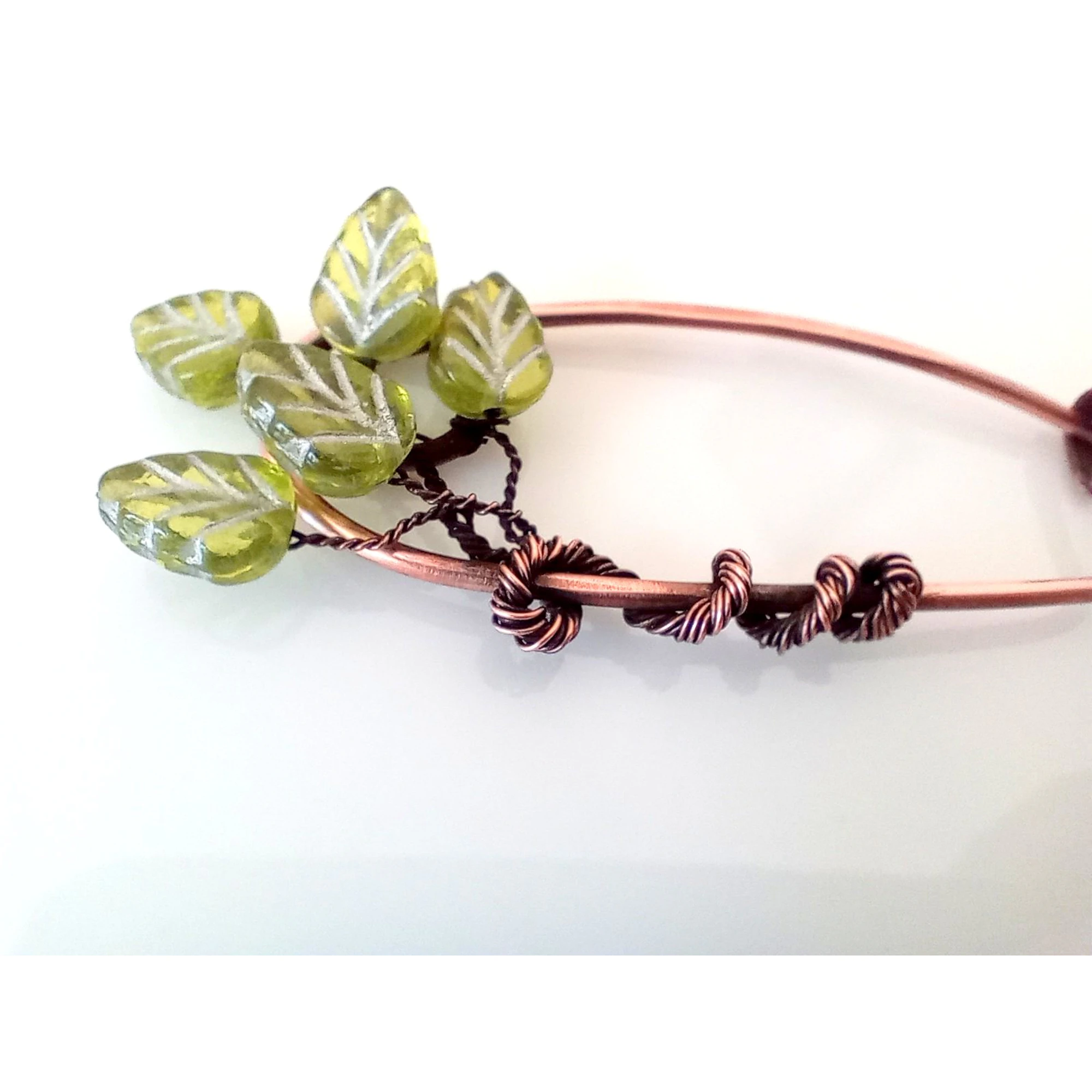Copper Cardigan Clip with Green Glass Leaves, Handmade Jumper Pin, Botanical Brooch, Shawl Fastener, Scarf Pin, Gift for Her