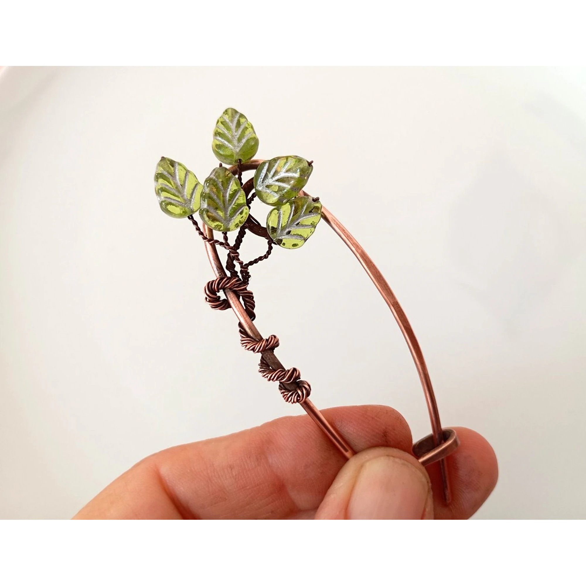 Copper Cardigan Clip with Green Glass Leaves, Handmade Jumper Pin, Botanical Brooch, Shawl Fastener, Scarf Pin, Gift for Her